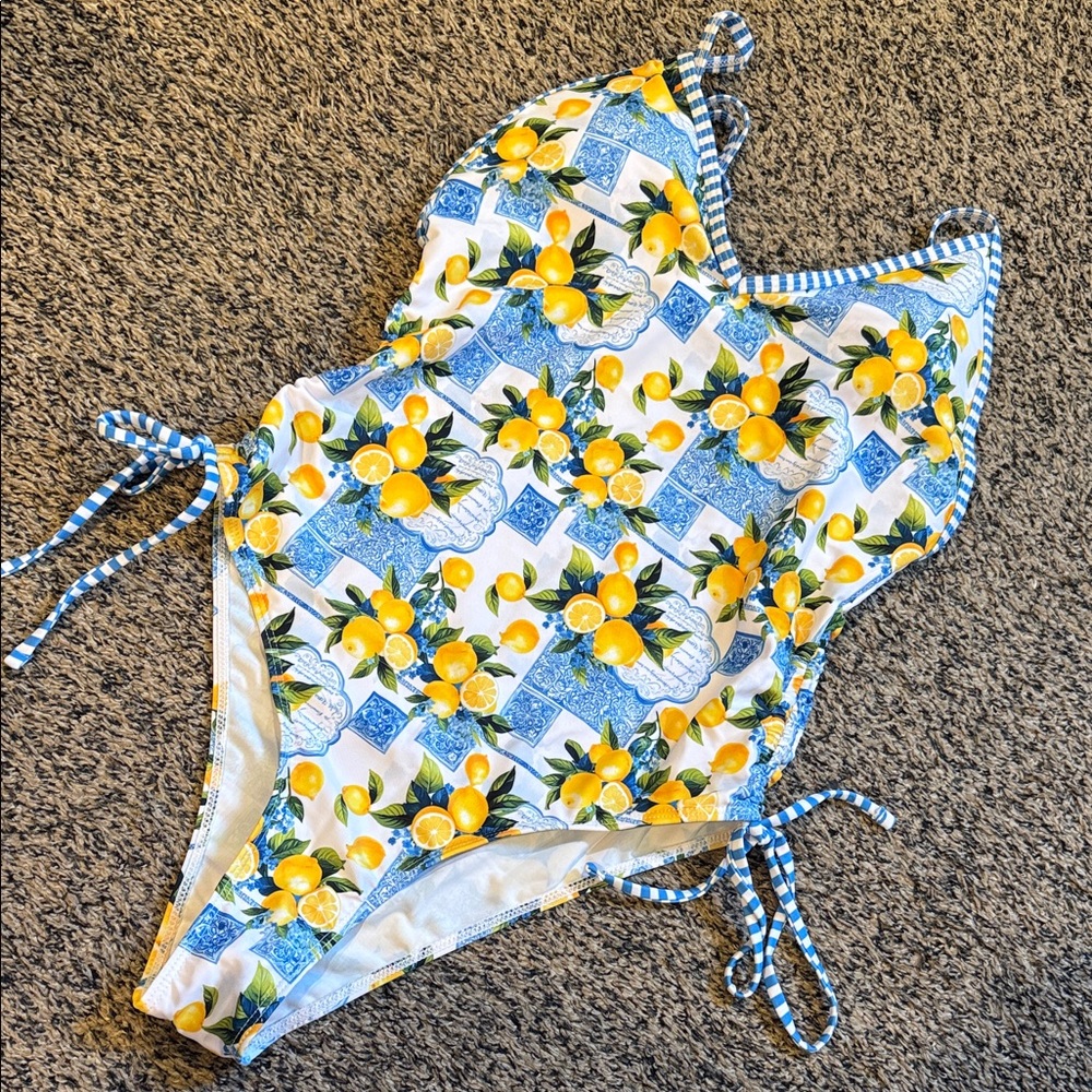 Lemon Print One-Piece Swimsuit - Yellow & Blue